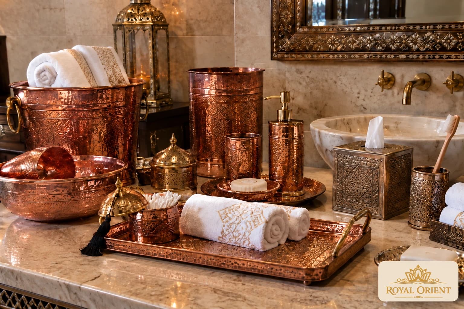 Copper and silver hotel bathroom accessories with towels