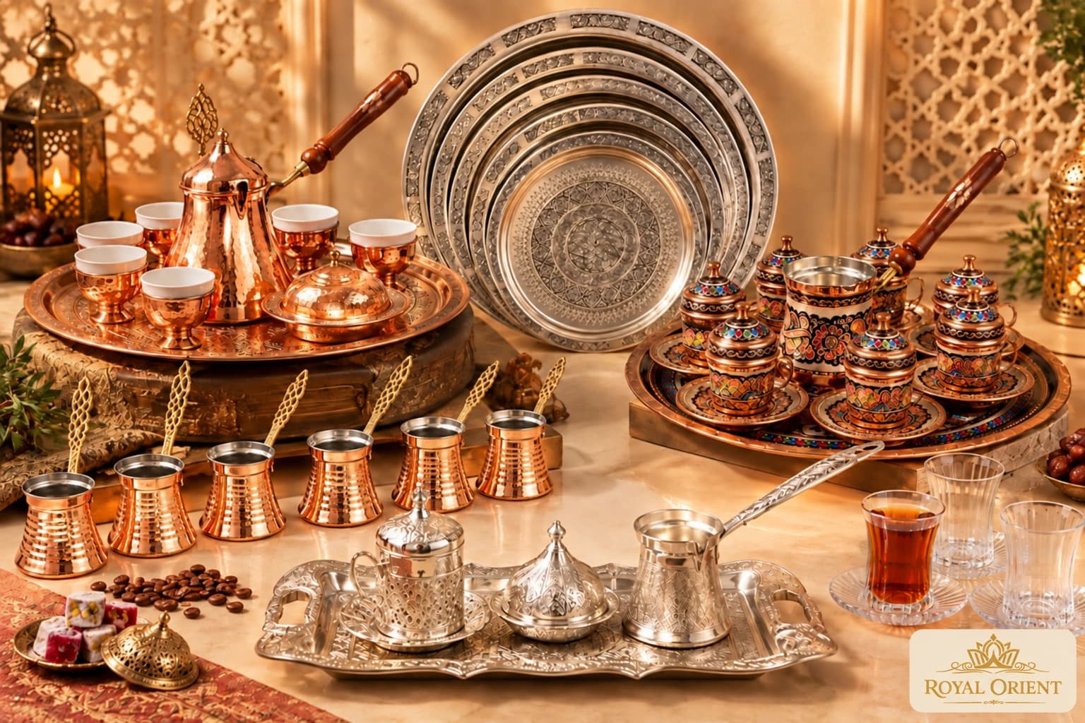 Coffee sets, engraved trays and coordinated serving accessories