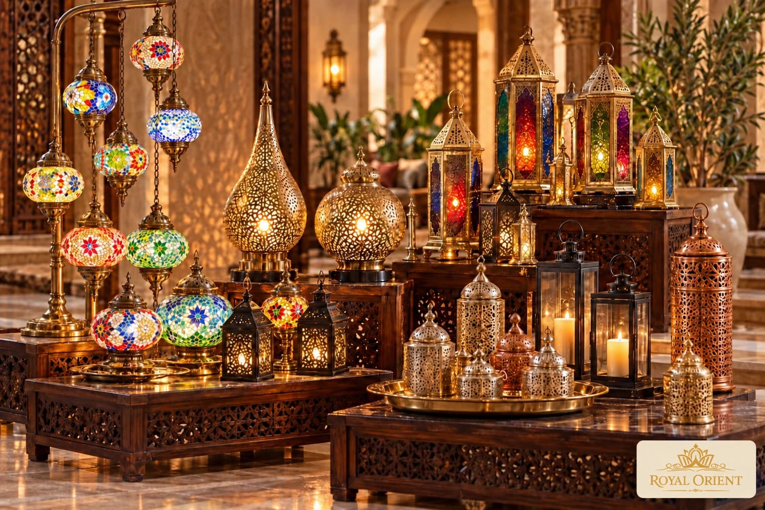 Metal lanterns and coloured glass lamps in a hospitality setting