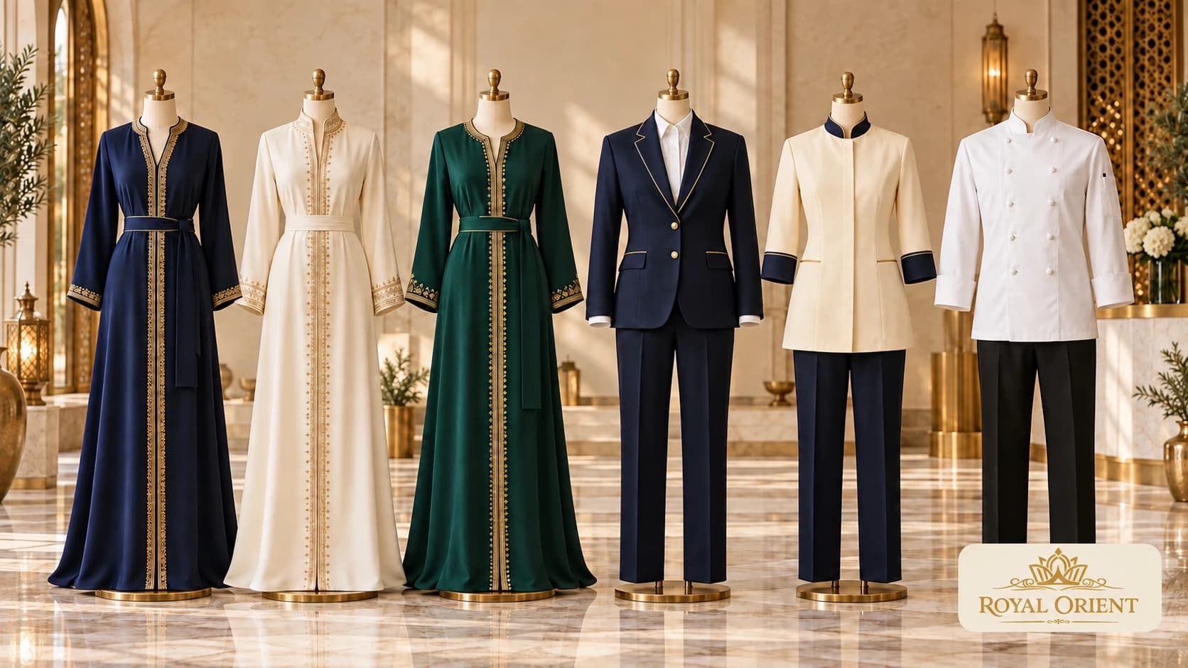 Six hospitality uniform styles including embroidered kaftans, a suit, service jacket and chef jacket