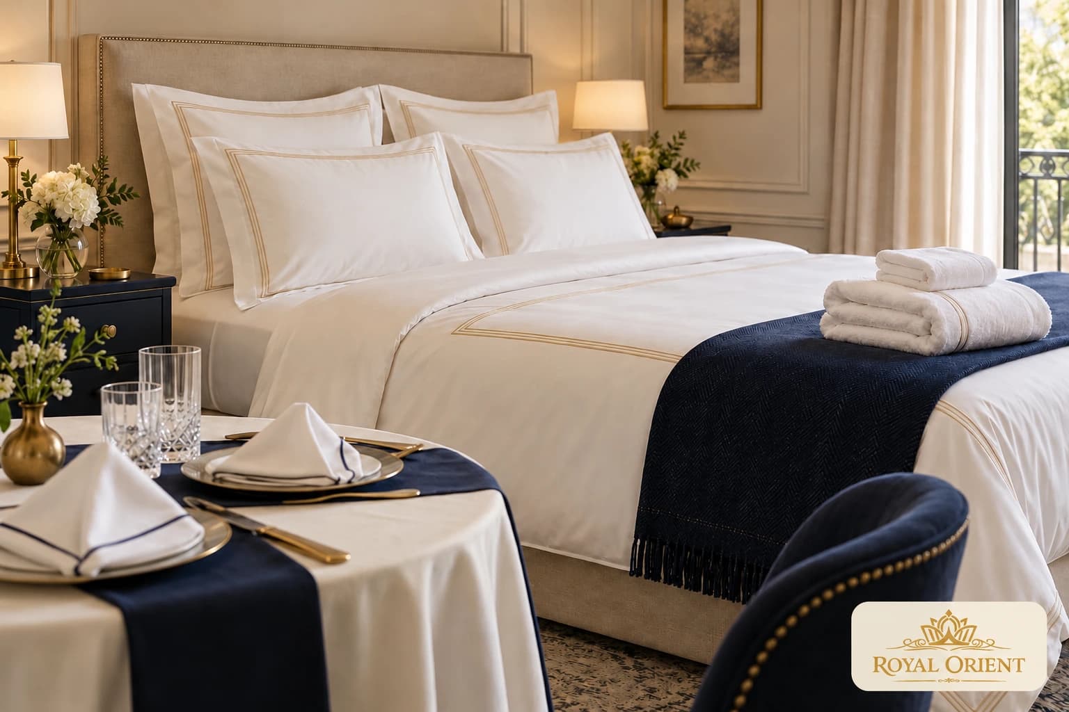 Hotel bed, bath and table linen with gold embroidery and navy accents