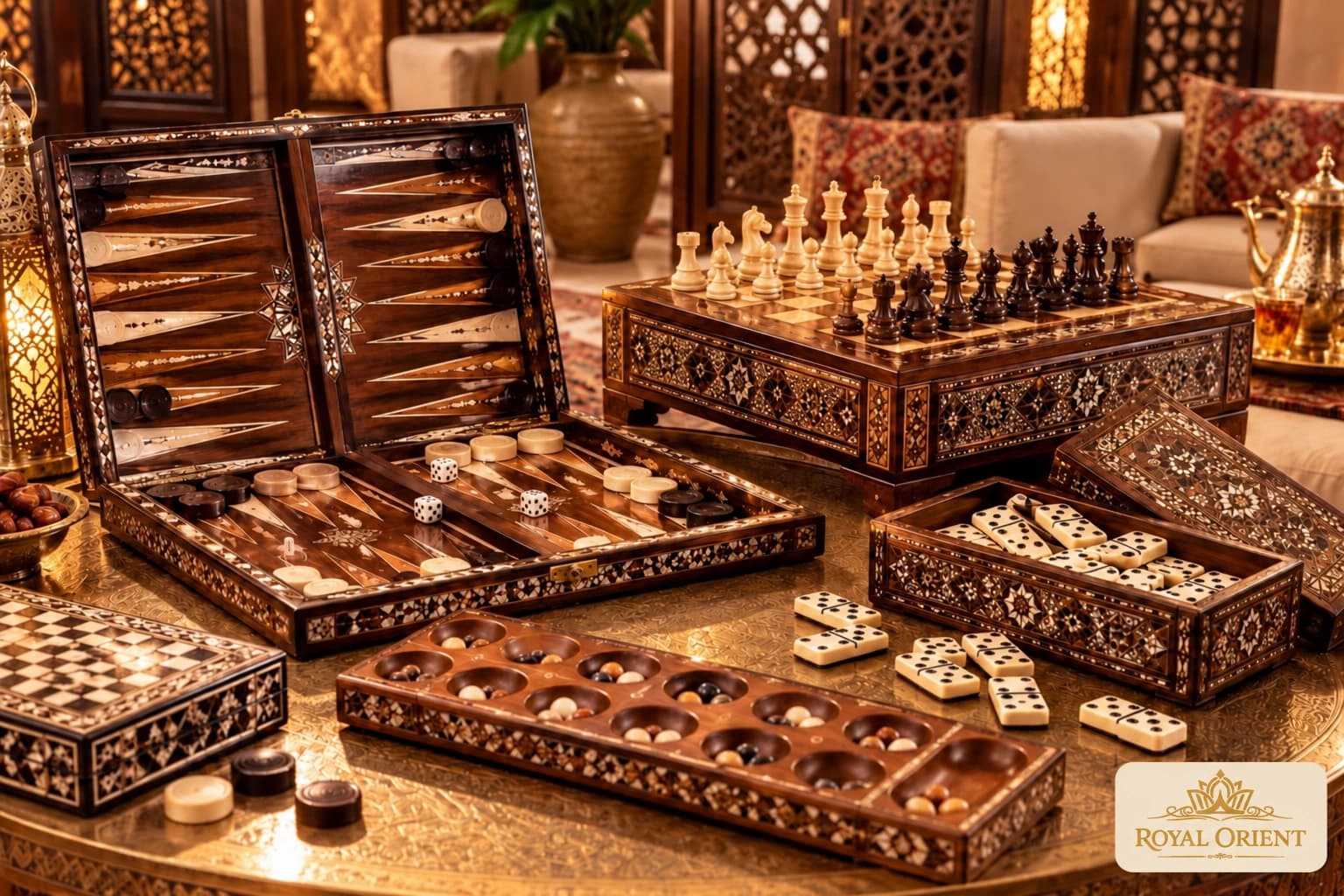 Inlaid backgammon, chess and domino game sets