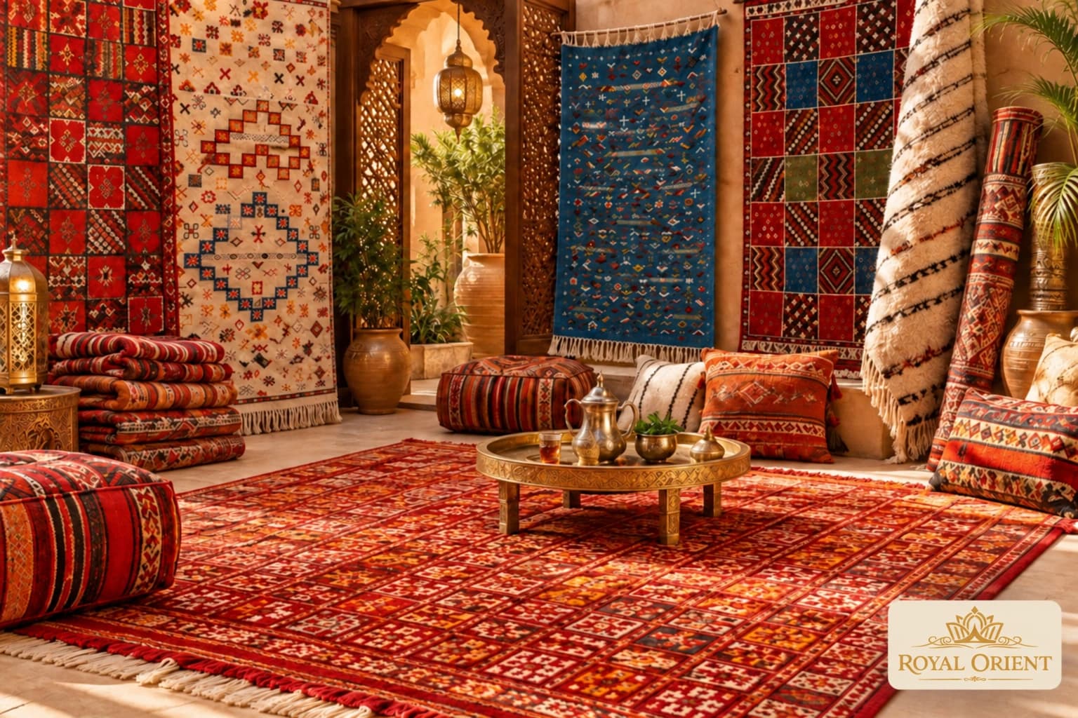 Patterned Moroccan rugs and woven cushions in a lounge setting