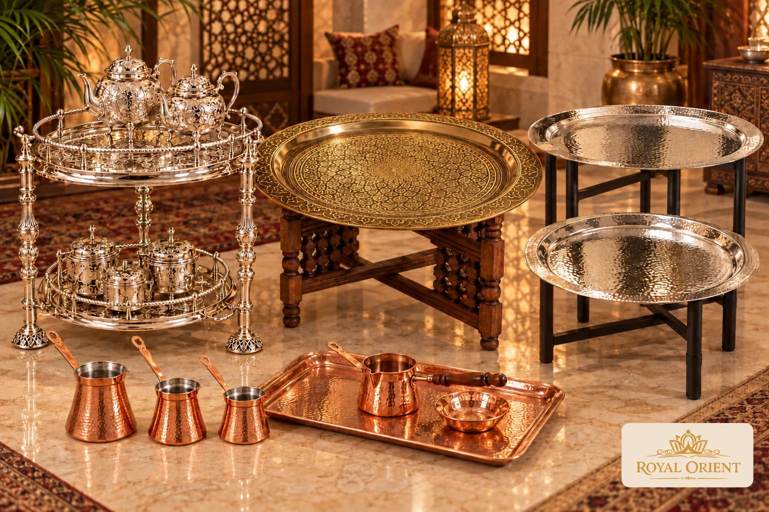 Silver and gold tray tables with coordinated service pieces