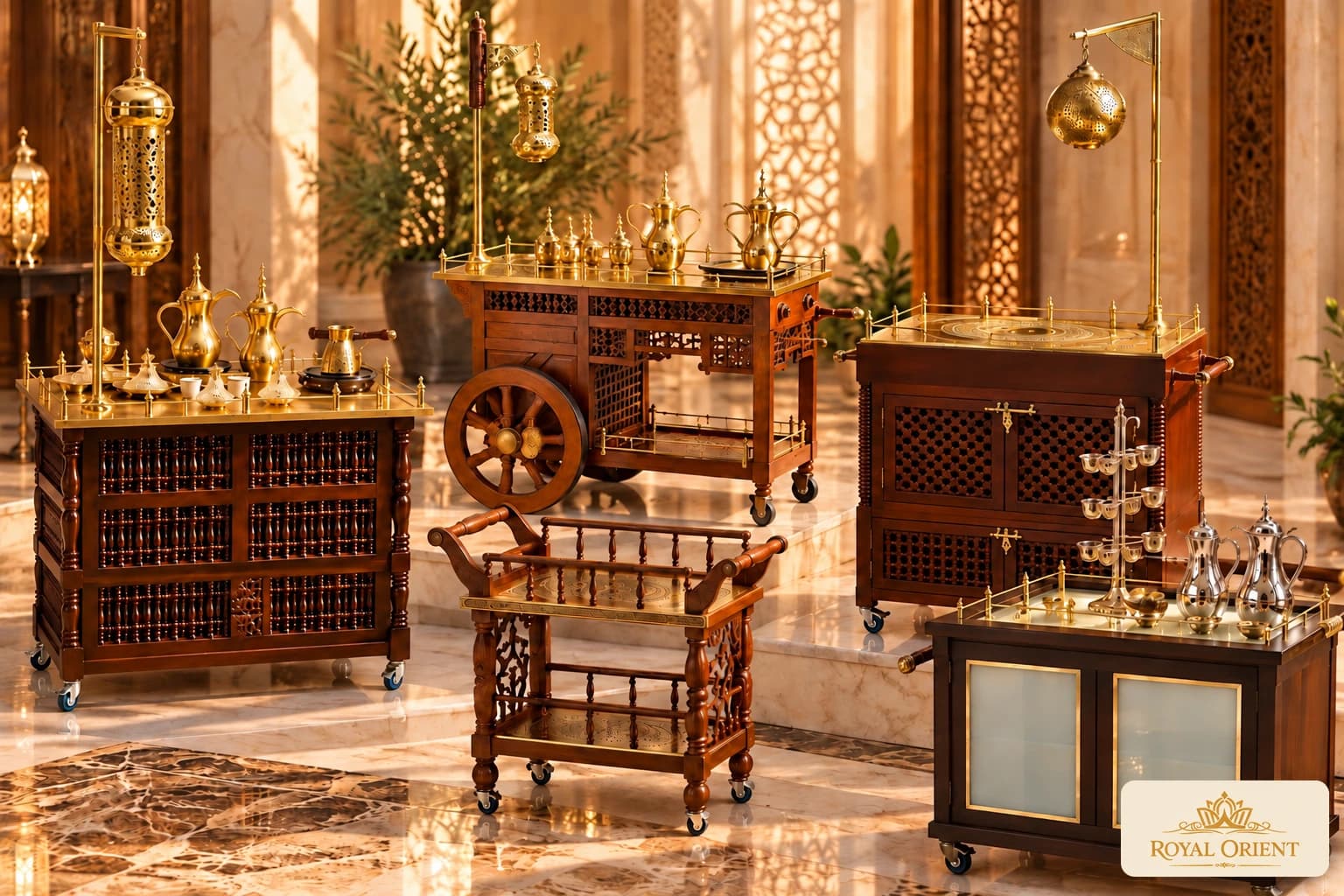 Wooden tea and coffee service trolleys with wheels and brass details