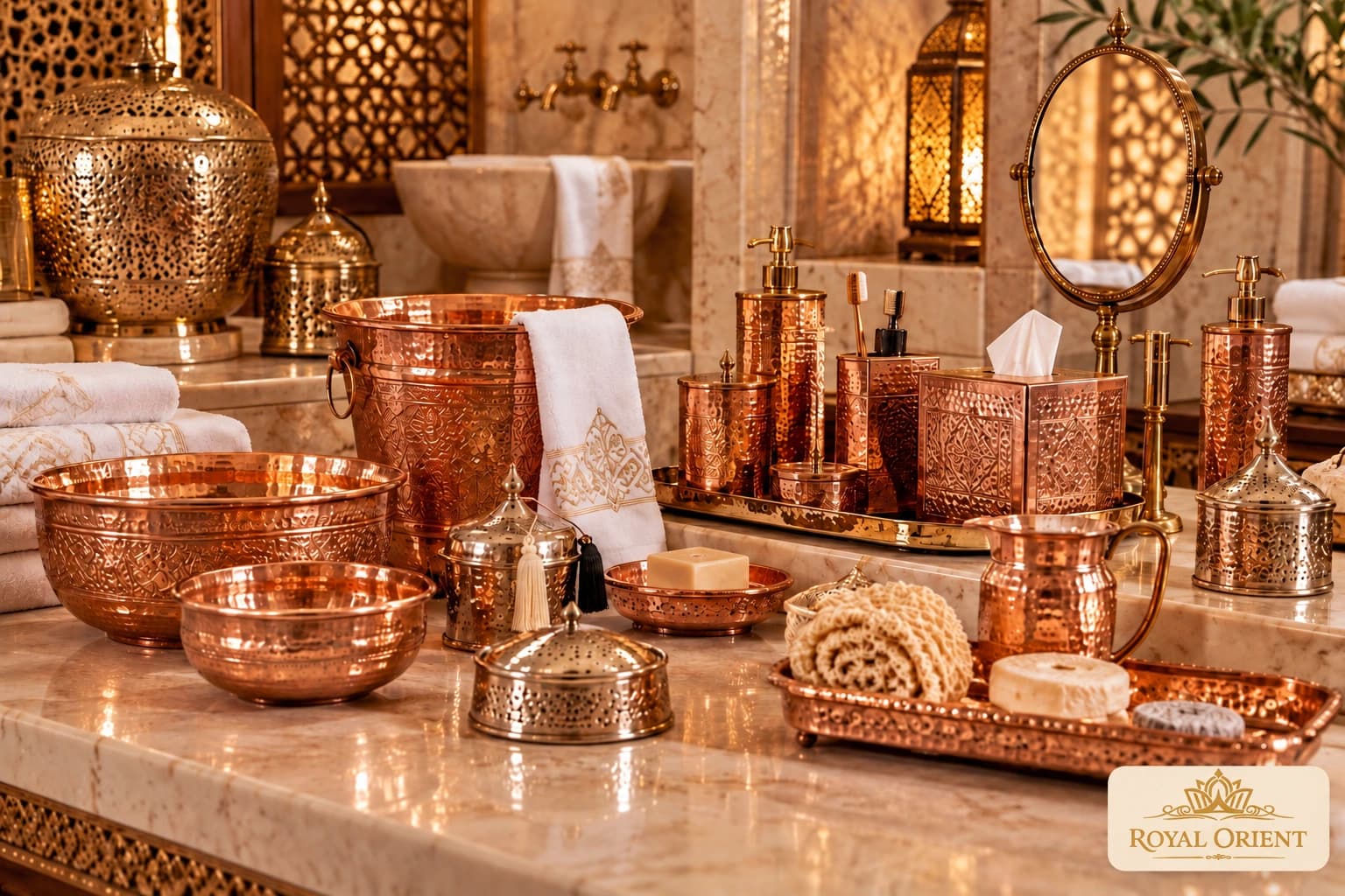 Copper bathroom trays, dispensers and accessory containers