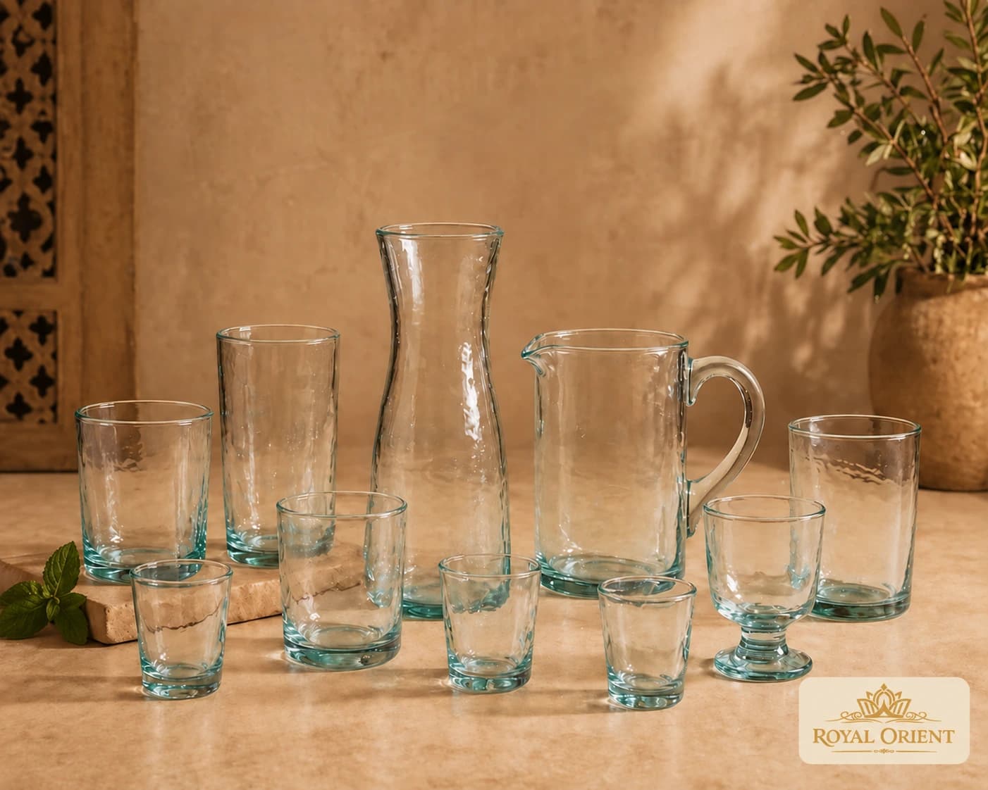 Clear glass drinking vessels and pitchers