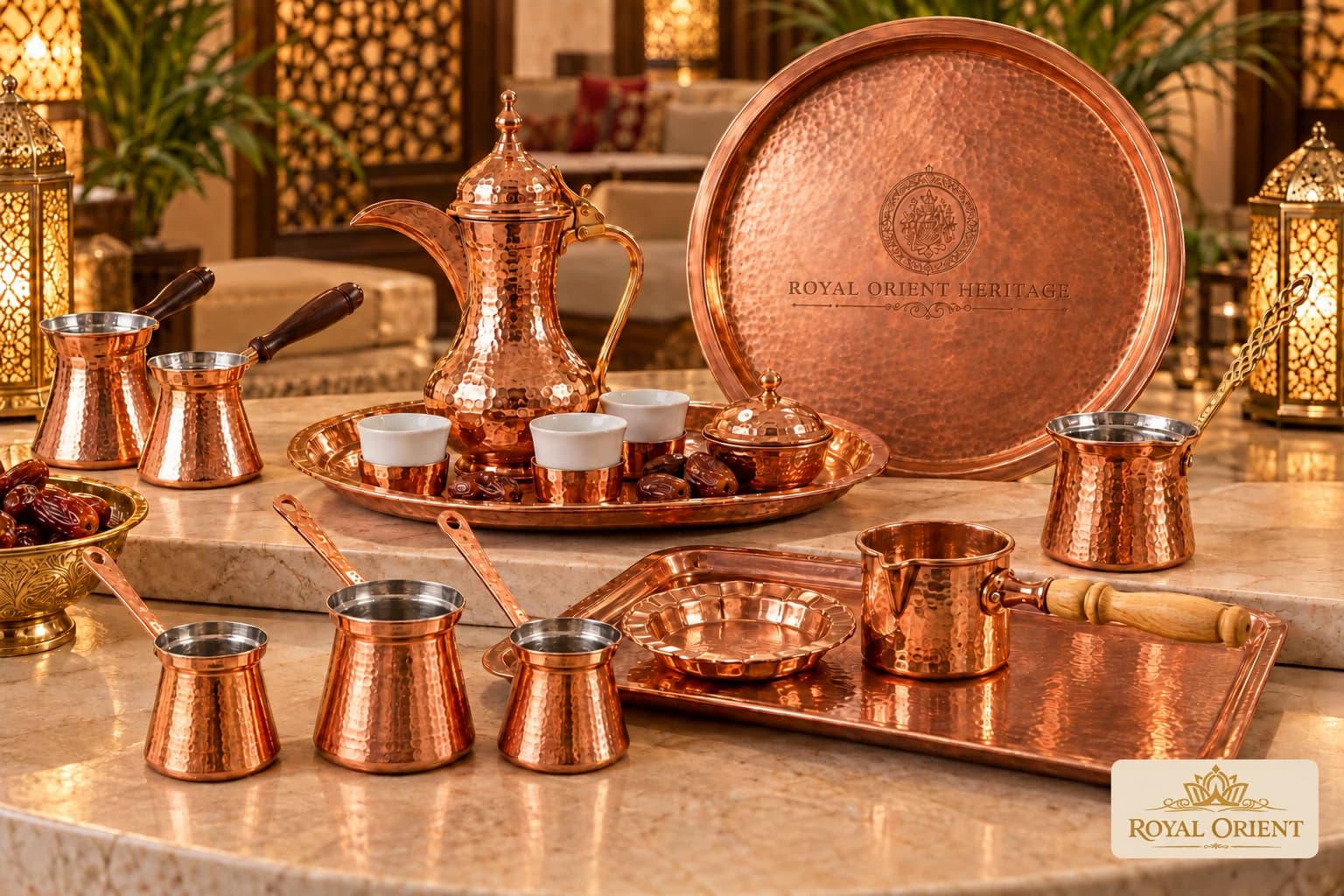 Copper coffee service pieces and engraved trays