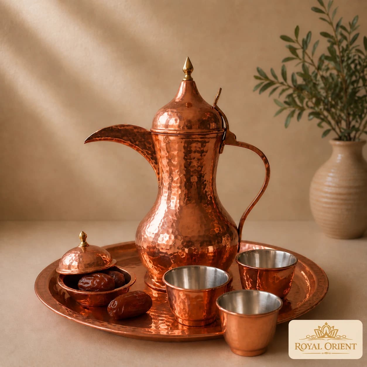 Royal Orient copper coffee service and engraved tray