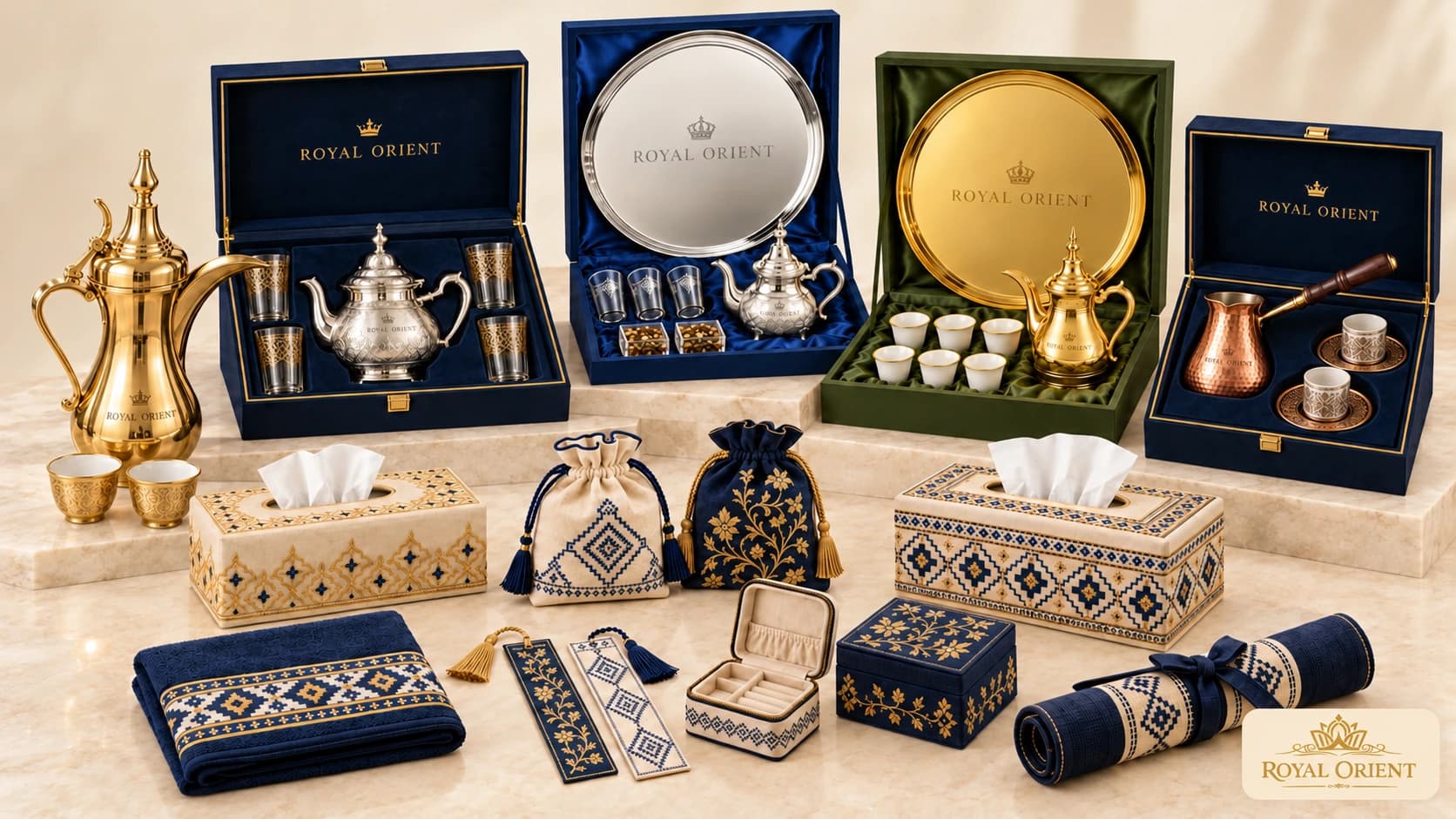 Boxed tea and coffee gifts with embroidered pouches, tissue cases and presentation accessories
