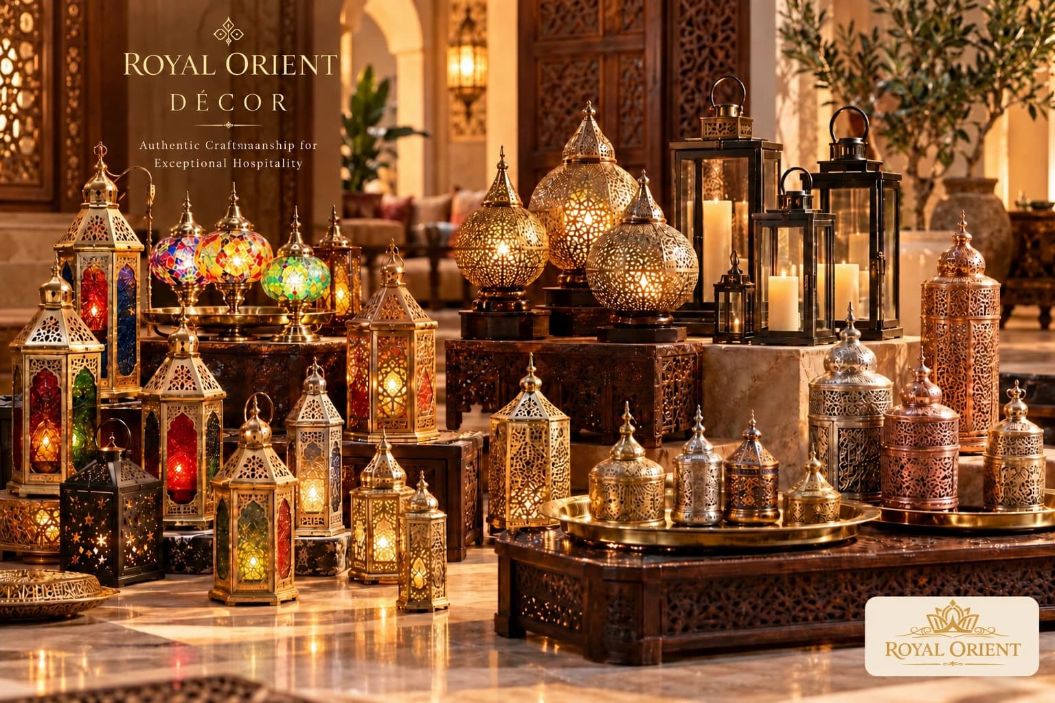 Decorative metal lanterns and glass lighting in a hospitality setting