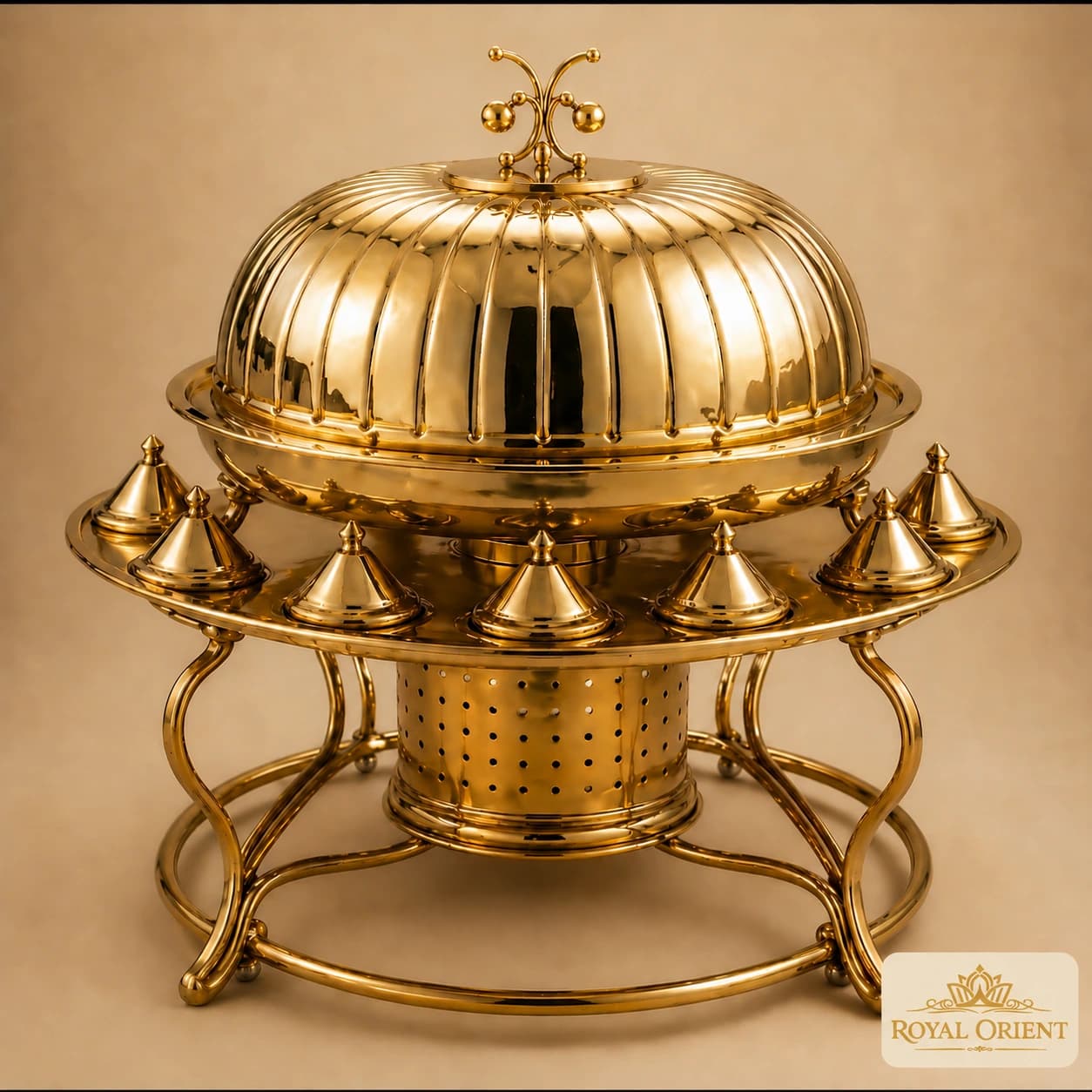 Gold domed buffet serving station with small lidded dishes