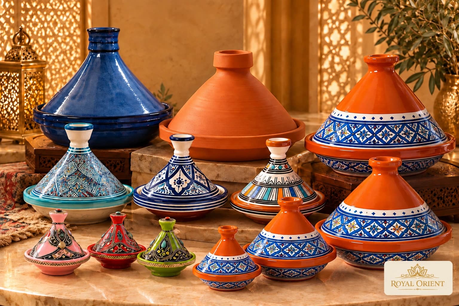 Blue, terracotta and patterned ceramic tagines