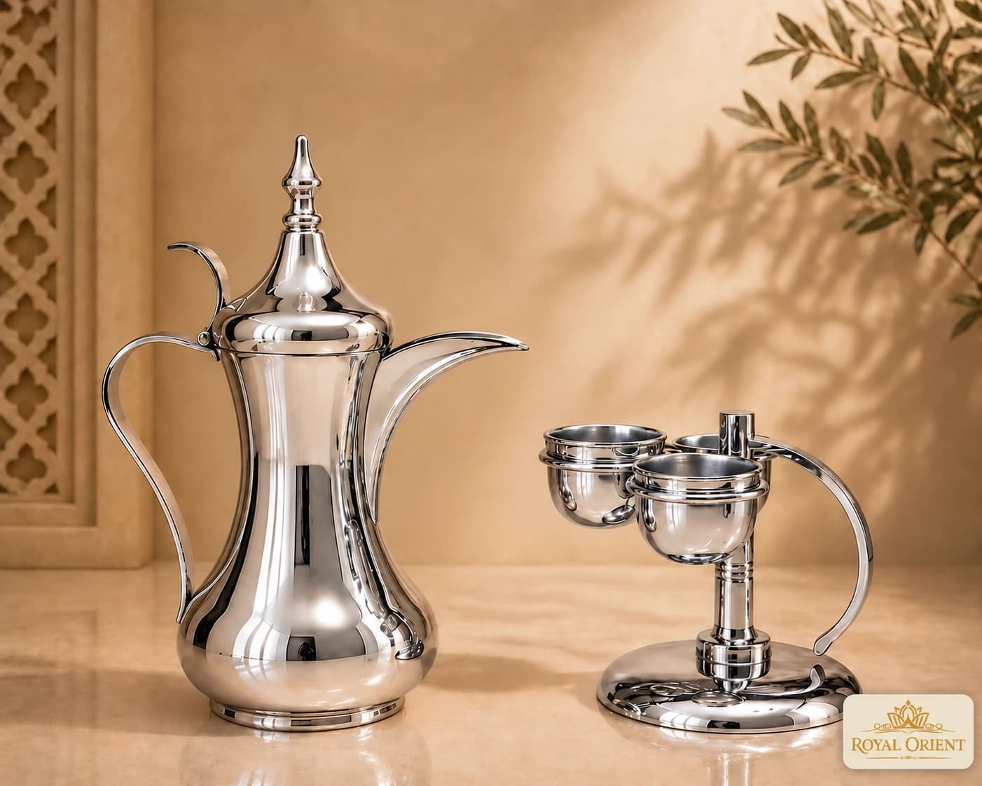 Silver dallah coffee set with matching cups and tray