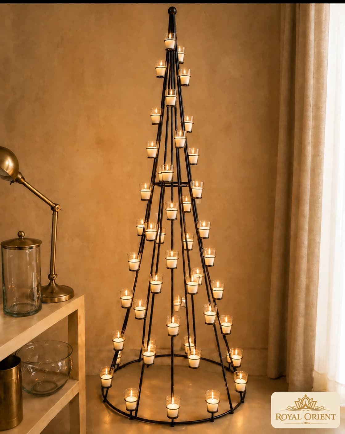 Tall metal candle holder with multiple glass votives