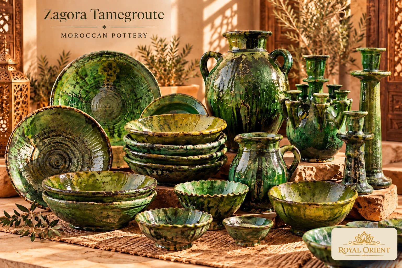 Green Tamegroute pottery bowls, plates, vases and candle holders
